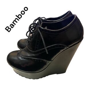 BAMBOO Booth Black Brogue Platform Wedge Oxfords 37.5   7.5
